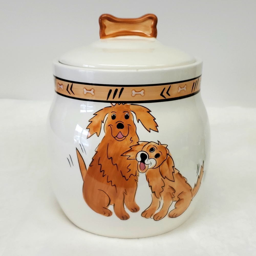 Hand painted 9.5” ceramic dog treat/cookie jar